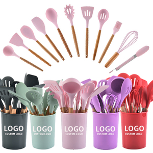 Hot selling 12pcs In1Set Kitchen Accessories Cooking Tools Kitchenware Soft Silicone Kitchen Utensils With Wooden Handles