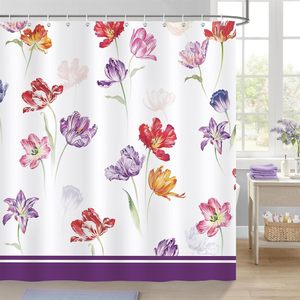 Cortina de Ducha con Diseño de Tulipanes <span class=keywords><strong>en</strong></span> <span class=keywords><strong>Acuarela</strong></span>, 72x72 Pulgadas, Impermeable, Resistente al Moho, Tela de Poliéster, con 12 Ganchos - Product Image 2