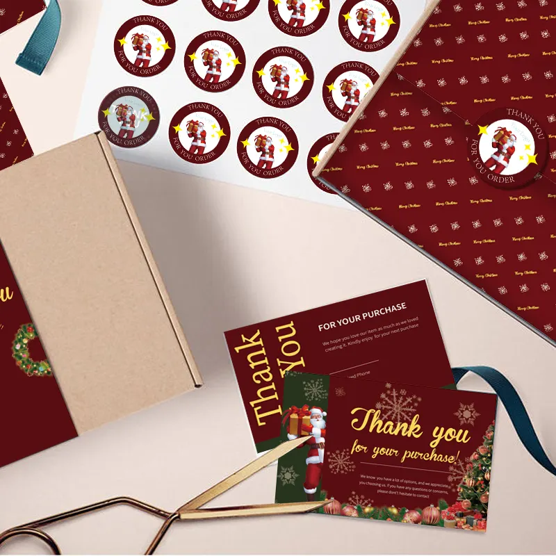 Benutzer definierte Weihnachten Mailer Box für kleine Unternehmen Danke Aufkleber Danke Karte Seidenpapier Verpackung Geschenk Mailer Boxen Set