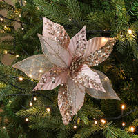 Décorations de Noël 2025 : Ornements pour sapin de Noël, fleurs artificielles rouges, poinsettias dorés scintillants, fleurs de Noël