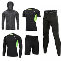 Ensemble de sport cinq pièces pour homme, couleur unie, séchage rapide, manches longues, en soie de lait, élasthanne et polyester, pour la course, le basketball et le fitness