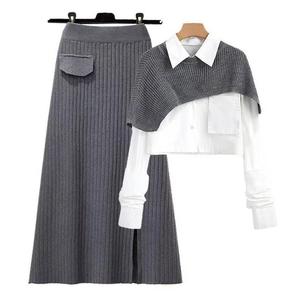 Ensemble pull tricoté Dalang pour femme, jupe taille haute ample avec haut chemise, mode hiver, anti-boulochage, épaisseur moyenne - Product Image 1