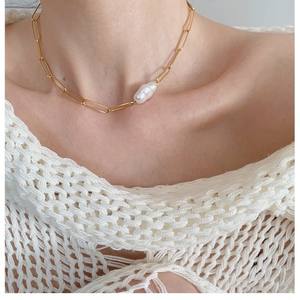 Collar de Perlas de Agua Dulce Barrocas Naturales de Viento Frío para Mujer, Diseño Versátil de Cadena Grande, Collar de Perlas Cruzado para la Clavícula - Product Image 5