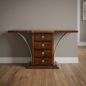 Modern Rosewood Wood Top <b>Console</b> <b>Table</b> with 4 Drawers Trestle Base <b>Storage</b> Living Room Furniture Hall Entryway Decor - Product Image 3