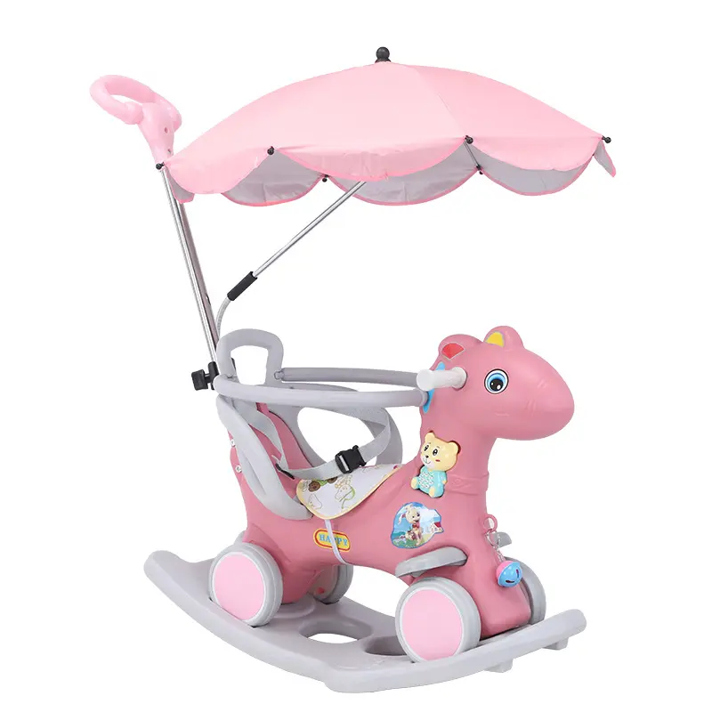 新製品モダンフォーインワンロッキングホース手押し車卸売赤ちゃんのおもちゃピンクのプラスチック鹿子供のおもちゃスライド