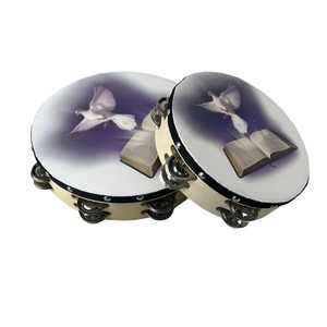 Pandereta Jingle de <span class=keywords><strong>doble</strong></span> fila de 8 "con patrón bíblico Instrumento de percusión manual para adoración de Iglesia - Product Image 2