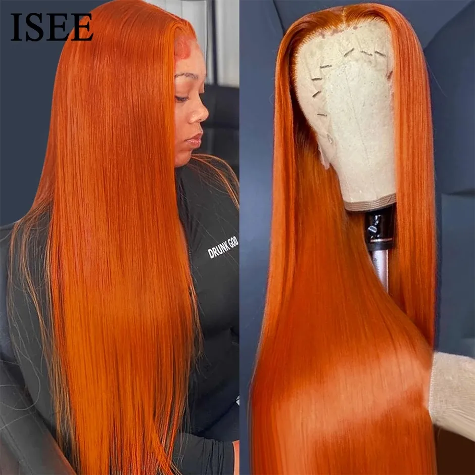 ISEE Ginger Orange Colored Human Hair Wigs For Women 30 Inch Long Straight Transparent Lace Front Wigs