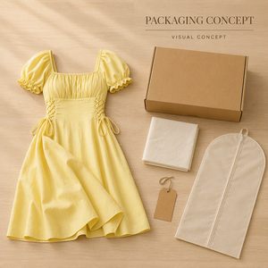 Abito Elegante <span class=keywords><strong>da</strong></span> <span class=keywords><strong>Donna</strong></span> Giallo con Scollo Quadrato, Maniche a Sbuffo, Corpetto Aderente e Gonna Midi Svasata con Laccio Laterale per l'Estate e le Serate Romantiche - Product Image 3