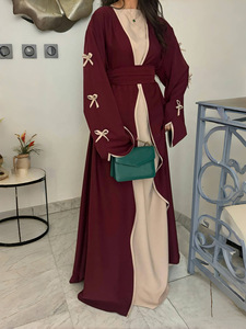Nuovo autunno a buon mercato medio-orientale alla moda con fiocco in poliestere arabia lunghezza alla caviglia tinta unita Casual morbido e confortevole Abaya con cintura - Product Image 2