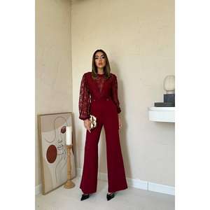 Elegante mono de encaje color borgoña para mujer, vestido de fiesta de cintura alta, manga larga con mangas abullonadas y cinturón en la cintura. - Product Image 5