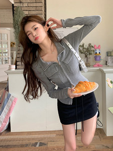 2025 Western Streetwear fermeture éclair <span class=keywords><strong>t</strong></span>-shirts femmes décontracté tout match à manches longues blanc haut uni mince <span class=keywords><strong>t</strong></span>-shirts hauts serrés Cardigan - Product Image 3