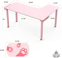 Bureau de jeu en forme de L, bureau d'ordinateur de jeu rose, bureau d'angle gain de place avec grand tapis de souris en forme de patte de chat, cadeau de bureau rose pour fille