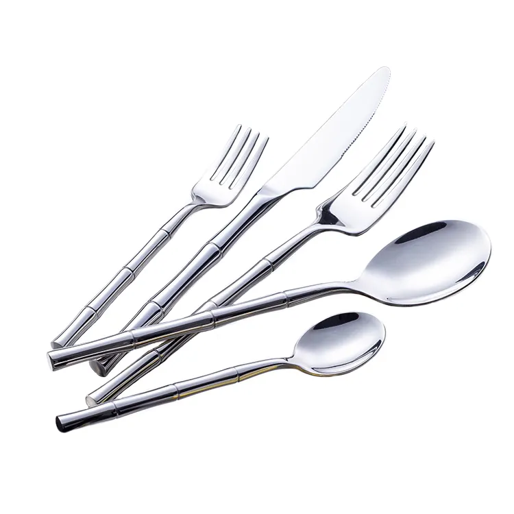 Wholesale Fork and Knife Set Silver cutlery with Bamboo Shaped Handle Spoon Fork Knife Cutlery