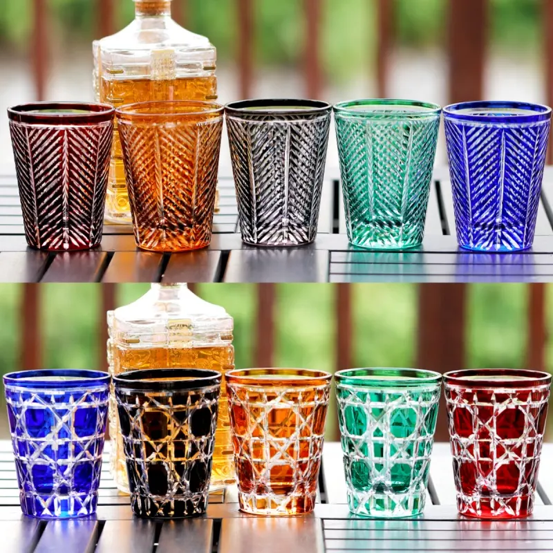 Copo de vidro de cristal de cor redonda delicado, copo de uísque para cocktail, canelado gravado à mão, canelado, água âmbar, copo de vidro, caixa de presente