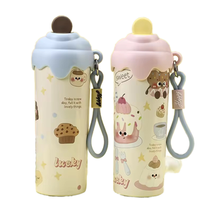 Botella de Agua Térmica Infantil Portátil de Doble Pared con Pajita/Cuerda, Diseño de Dibujos Animados para Niñas, Acero Inoxidable 316, Aislada al Vacío - Product Image 1