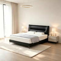 Lit en fer rembourré en cuir noir moderne, confortable et abordable avec rangement, taille King/Queen, cadre en bois assemblé, chambre à coucher V640