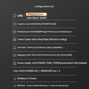 Nouvelle vente en gros pour PC de bureau gaming complet personnalisé DIY avec refroidissement RGB U7 265KF RTX 5070 12GB DDR5 1TB SSD RGB C - Product Image 2