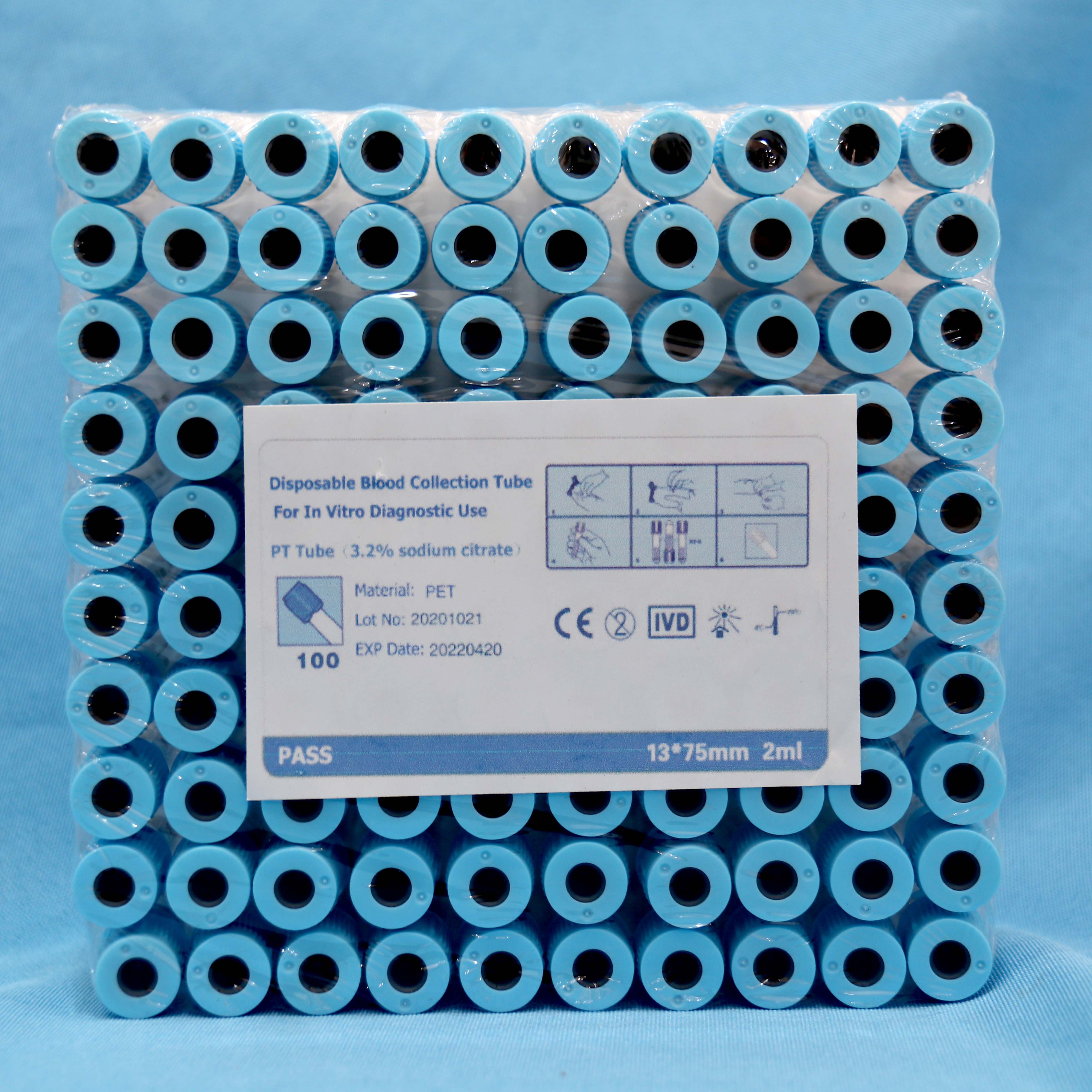 Tubo de colección de sangre de prueba PT de color azul de vidrio/PET para examen clínico