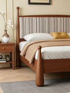 Midcentury Modern Upholstered Wooden <b>Bed</b> <b>Frame</b> <b>Queen</b> <b>Size</b> Fabric Headboard Soft <b>Bed</b> with Striped Design - Product Image 3