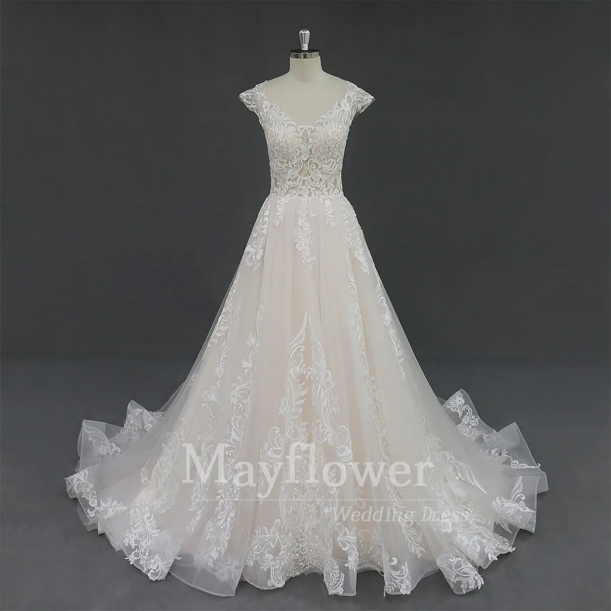 Cap sleeve lace bridal gown see through bodice wedding dresses
