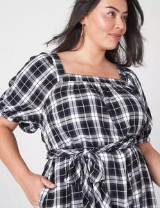 New Collection Customization Summer Square Neck Puff Sleeves <strong>Tartan</strong> Printed Casual <strong>Plus</strong> <strong>Size</strong> Midi Long <strong>Dress</strong> for Women - Product Image 3