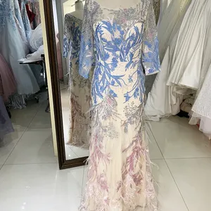 Gaun bulu renda lengan panjang elegan baru 2024 untuk ibu dari pengantin