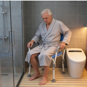 Chaise de douche bariatrique bleue 550 LBS avec housse en coton, accoudoirs réglables, dossier en PU, siège large, 7 niveaux, tabouret de bain en aluminium de 1,4 mm pour <span class=keywords><strong>personnes</strong></span> âgées - Product Image 4