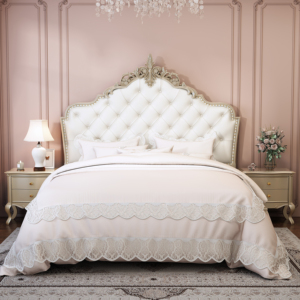 Lit capitonné de luxe en bois sculpté français, ensemble de meubles de chambre principale, lit double classique King/Queen pour villa - Product Image 1