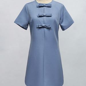 Wholesale Customized OEM ODM High Quality Autumn Natural Waist Midi Length Solid Color O-Neck Short Sleeve Casual <b>Dresses</b> - Product Image 4