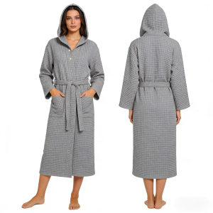 Peignoir <span class=keywords><strong>de</strong></span> <span class=keywords><strong>bain</strong></span> 100% coton A/B, poncho <span class=keywords><strong>de</strong></span> surf à capuche, serviette pour adultes, motif gaufré avec ceinture, doux, <span class=keywords><strong>bonne</strong></span> absorption d'eau, confortable - Product Image 2