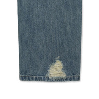 Jean en denim personnalisé pour homme, double épaisseur aux genoux, bleu délavé vintage, coupe ample à jambe large, bords bruts, déchiré, coutures renforcées, vente en gros