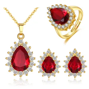Fashion vintage Water Drop Zircon Necklace Earrings Ring Set High Quality Luxury Red Wedding Jewelry Set wholesale