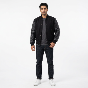New Wholesale Black <b>White</b> Color Uniform Casual College <b>Men</b> Stand Collar Front Embroidery Baseball Varsity <b>Jackets</b> for Winter - Product Image 1