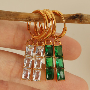 Geometric Hoop <b>Earrings</b> With Rectangular Zircon Stones Bezel Setting For Party Women <b>Gold</b> Tone <b>Dangle</b> <b>Earrings</b> - Product Image 1