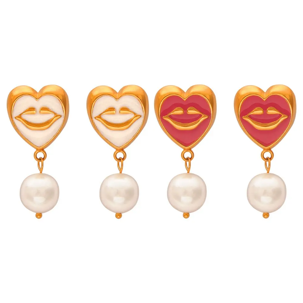 New Design Titanium steel Gold Plated Cartoon Enamel Heart Smiling Face Pearl Pendant Earrings for Women Jewelry