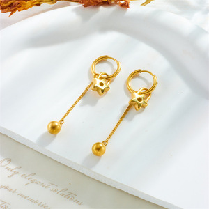 Qian Yue Gold Plated <b>Titanium</b> Steel Heart Star Pendant Earrings Women Fashion <b>Studs</b> Retro Chain Tassel E5068 - Product Image 2