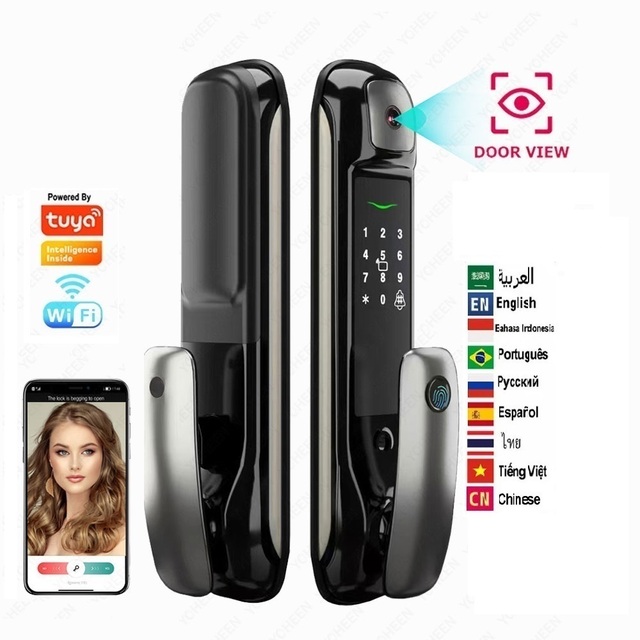 Tuya Wifi App Smart Lock Aluminum Alloy Security Door Video Camera Remote Unlock Fingerprint Key Card Digital Door Lock Code