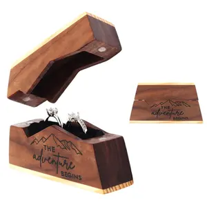 Luxury Wooden Engagement Ring Box Engraved Vintage Solid Wood Double Ring Bearer Box For Wedding