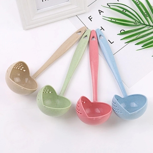 Cuillère à soupe à long manche en paille de blé 2 en 1 Passoire de cuisine Passoire de cuisine Louche en plastique Vaisselle - Product Image 4