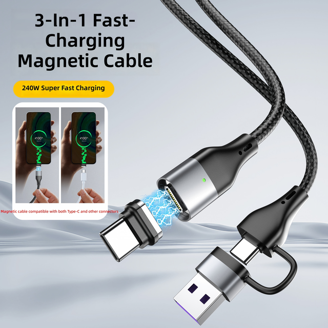 3 in 1 Magnetic Charger Cable 240W 5A Super Fast Charge Nylon Braided Magnetic Type C Data Cable for Mobile Phone Notebook