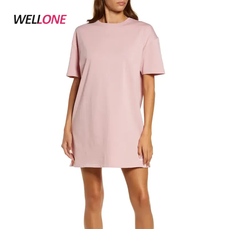 Oversized Casual Custom Knee Length Silk Screen Printing Logo Heavy Weight Pink Plain Women Jersey Cotton T-shirt Dress