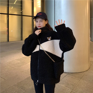 Women's Winter Loose Stand Collar Faux Fur Coat With Bear Design Warm Zipper Jacket White Gray Apricot Black - Product Image 3