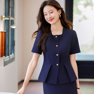 Women's Dark Gray Short Sleeve Suit Set Elegant Professional Work Uniform Summer Anti-Wrinkle Worsted Fabric Short Skirt - Product Image 2