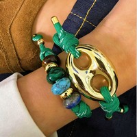 Bracelet unisexe haut de gamme en acrylique tressé bicolore, fait main, style vintage, avec breloque en pierre et perles, design de niche