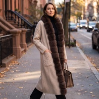 Nouveau Manteau Long Tricoté Épais d'Hiver pour Femme 2026 JMT, Style Urbain, avec Col en Fausse Fourrure de Renard Segmentée