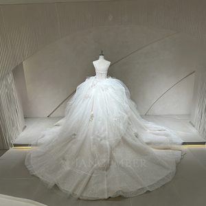 Robe de mariée élégante Spjy011 en satin ivoire, longueur ras du sol, sans bretelles, avec traîne Watteau, perles, appliques en dentelle et tulle scintillant - Product Image 6