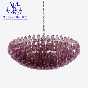 Lámpara de Araña de Cristal Acanalado Magenta Estilo Medieval Francés, Colgante de Lujo para Decoración de Villas, Salas de Estar y Comedores con Techos Altos - Product Image 4