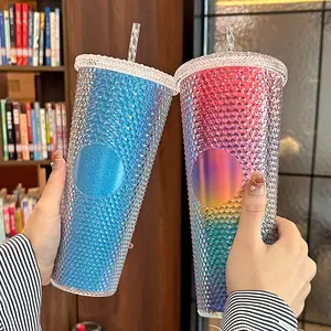 Gran oferta, vaso mate de plástico para fiestas de 710ML con tapa y pajita, tazas grandes de agua fría, de doble pared taza de café, taza Durian de diamante