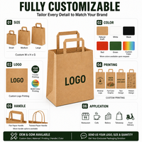 Sac en papier kraft personnalisé avec logo, poignée plate, pour emballage alimentaire à emporter, idéal pour restaurants, plats à emporter et boulangeries