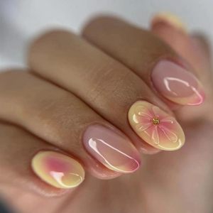 Prensa <span class=keywords><strong>de</strong></span> <span class=keywords><strong>uñas</strong></span> Almendra corta Punta francesa <span class=keywords><strong>Uñas</strong></span> <span class=keywords><strong>de</strong></span> plástico Cubierta completa Caja prediseñada 24 piezas <span class=keywords><strong>Amarillo</strong></span> <span class=keywords><strong>Rosa</strong></span> Stick Pegamento brillante Mujeres - Product Image 1